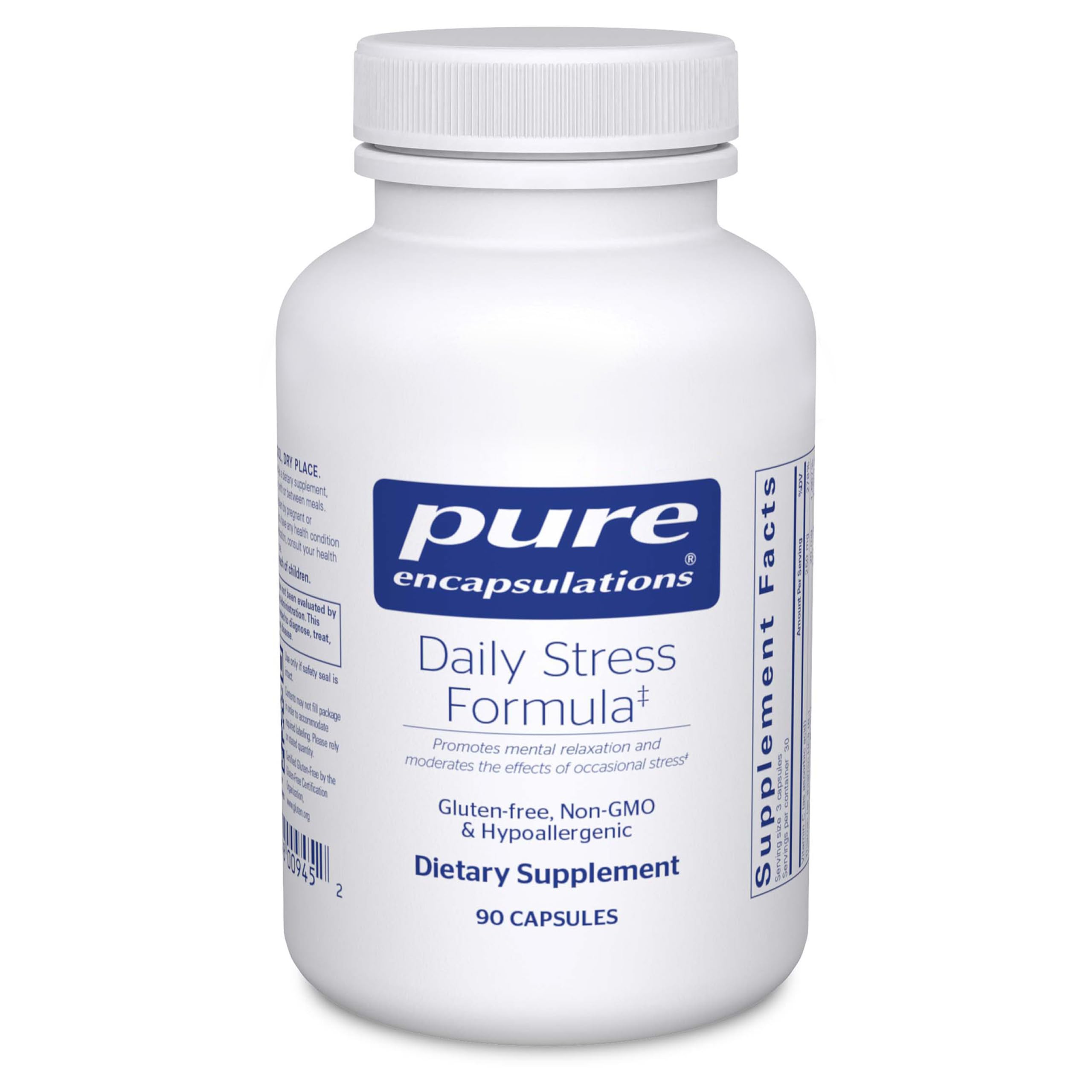 Pure Encapsulations Daily Stress Formula bottle on a clean surface, signaling daily relaxation support