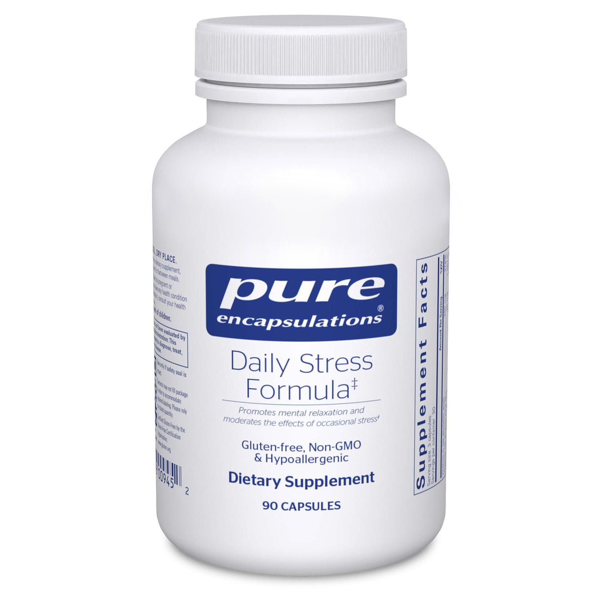 Pure Encapsulations Daily Stress Formula bottle on a clean surface, signaling daily relaxation support