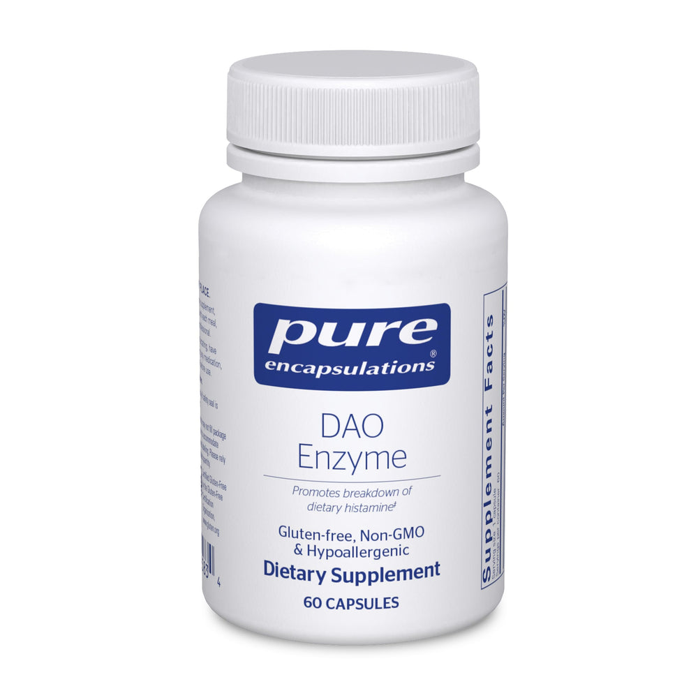 Pure Encapsulations DAO Enzyme bottle highlighting histamine digestion support for sensitive stomachs.