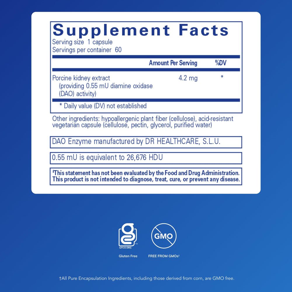 Pure Encapsulations DAO Enzyme capsules on a clean shelf for digestive comfort.