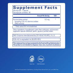 Pure Encapsulations DAO Enzyme capsules on a clean shelf for digestive comfort.