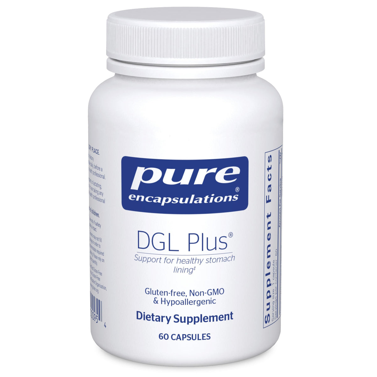 Pure Encapsulations DGL Plus bottle front shows digestive support capsules