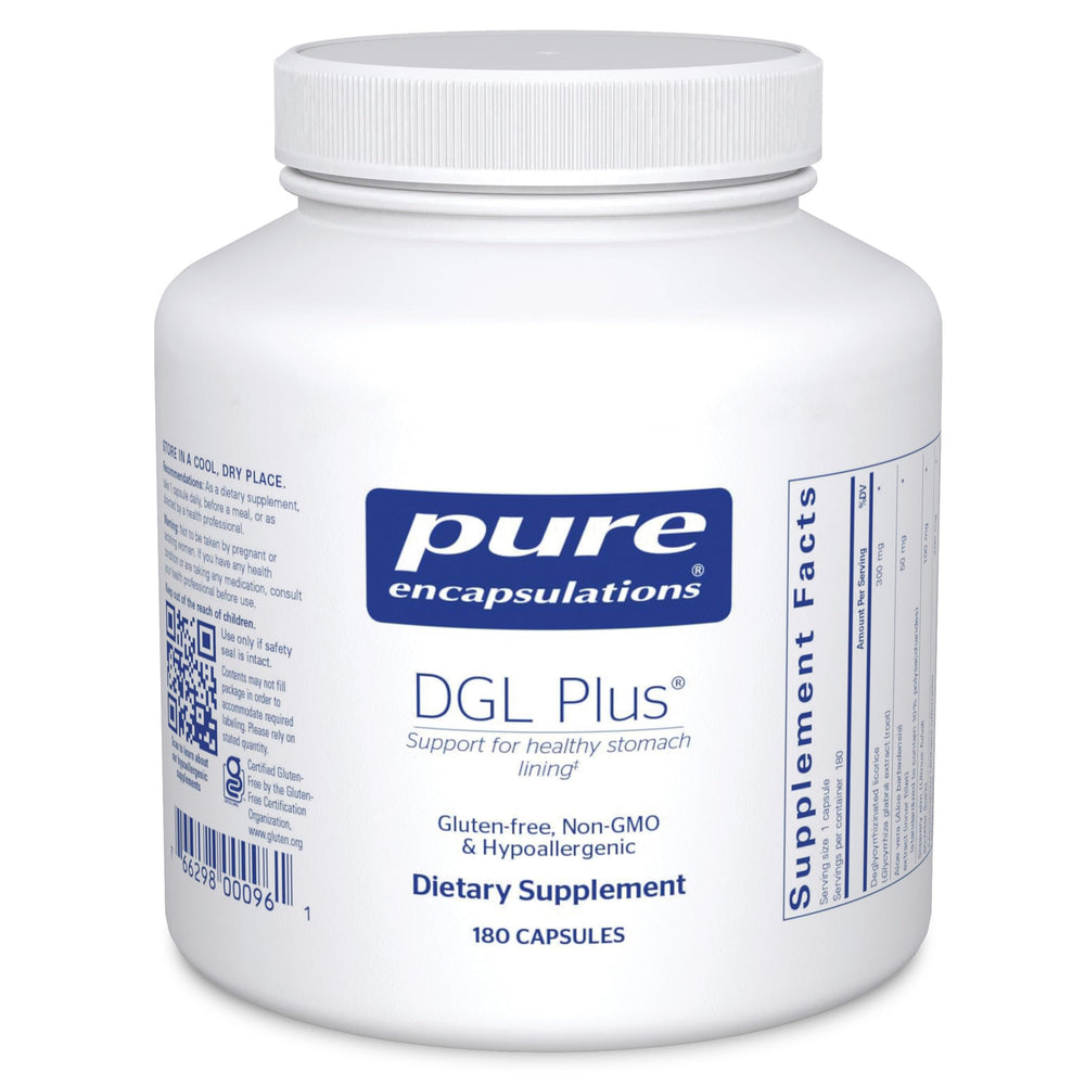 Pure Encapsulations DGL Plus bottle label highlighting vegan and non-GMO features