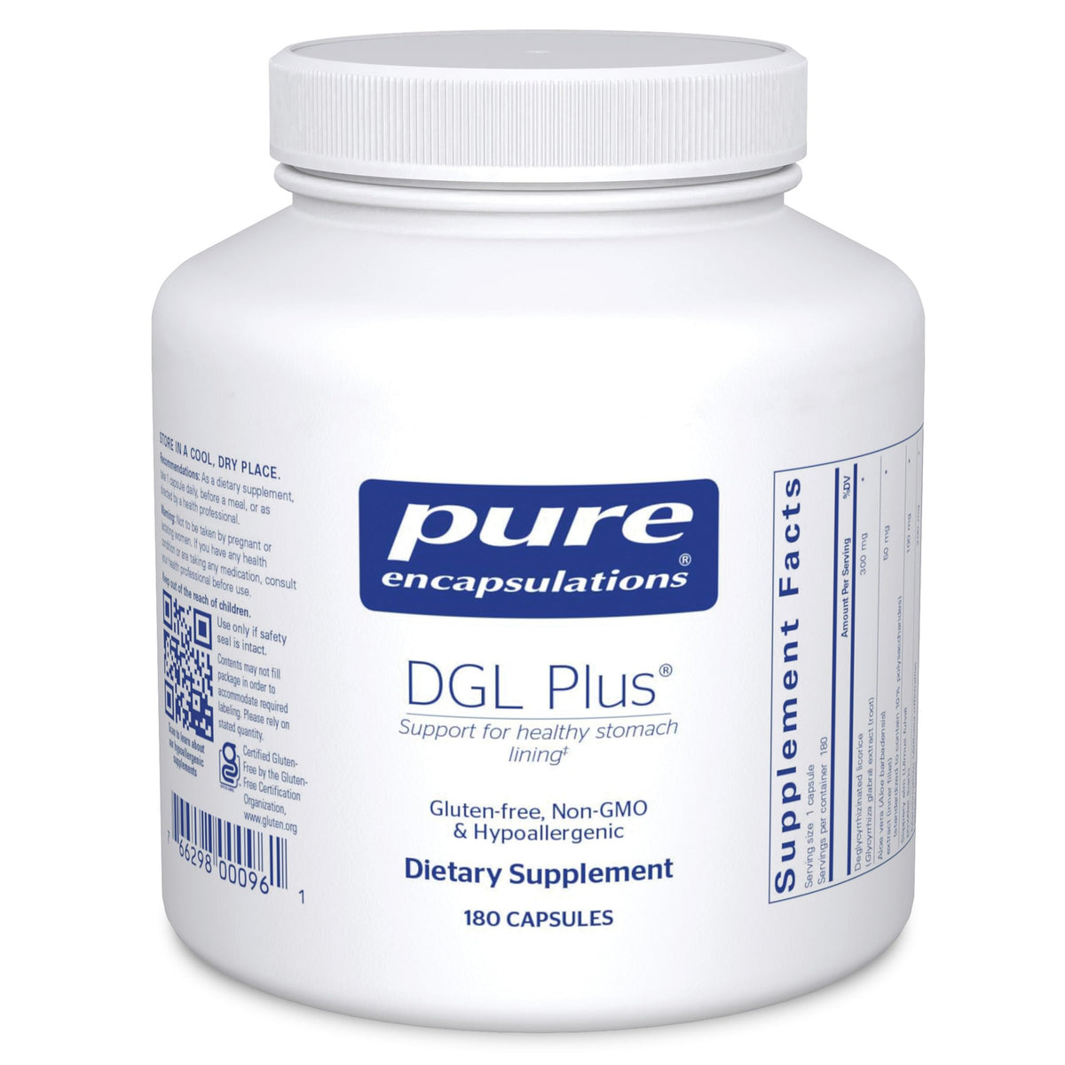 Pure Encapsulations DGL Plus bottle label highlighting vegan and non-GMO features