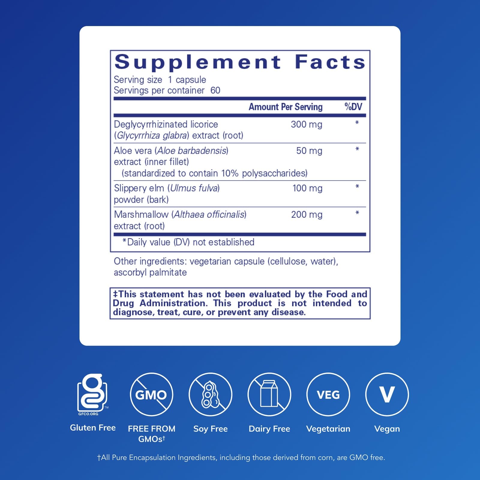 Bottle label highlights vegan, gluten-free formula from Pure Encapsulations DGL Plus