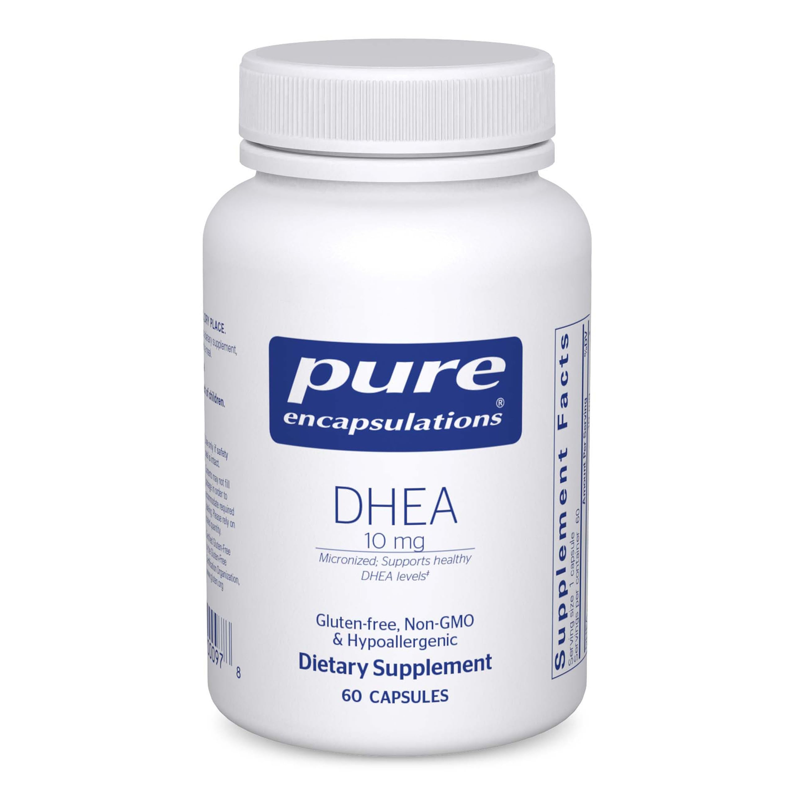 Pure Encapsulations DHEA 10 mg bottle front promotes adrenal balance.