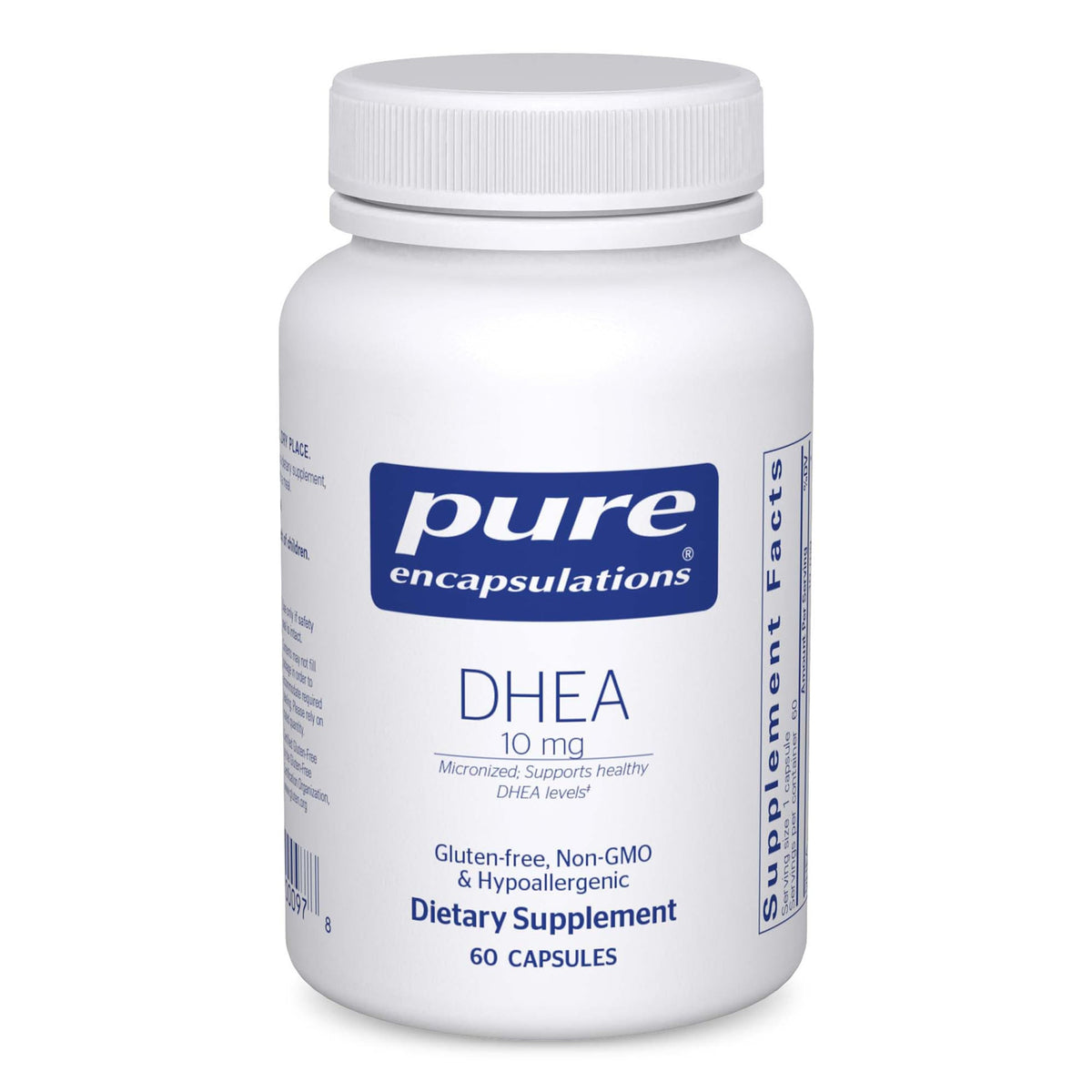 Pure Encapsulations DHEA 10 mg bottle front promotes adrenal balance.
