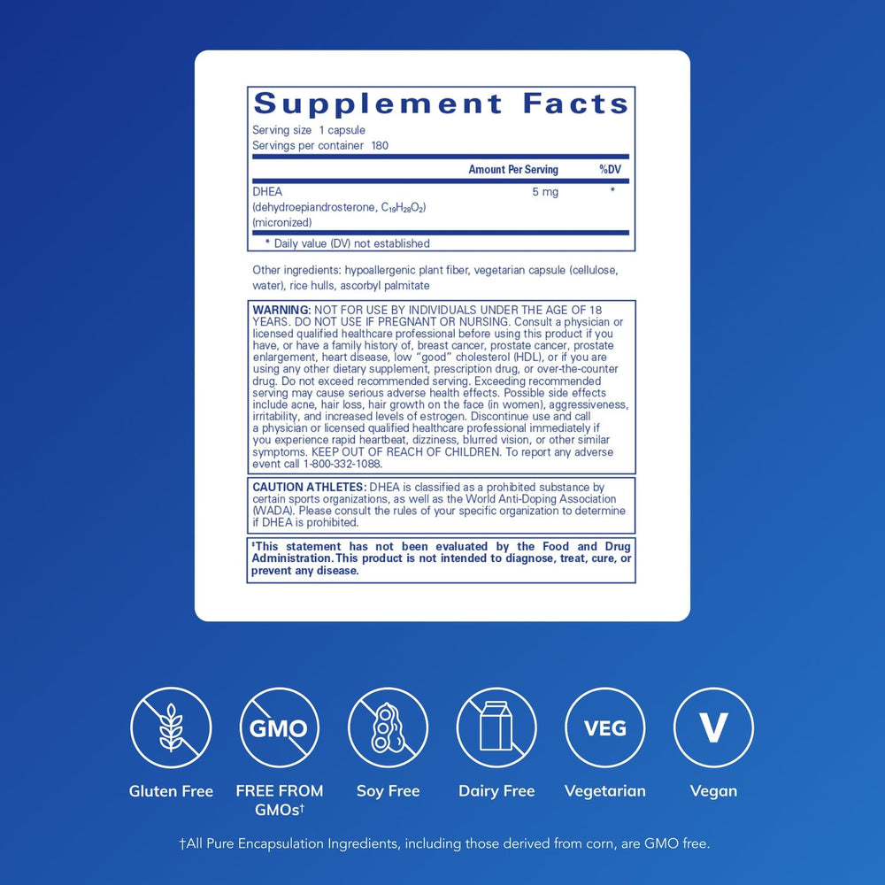 Pure Encapsulations DHEA 5mg bottle label — shows 180 vegan capsules for daily use.