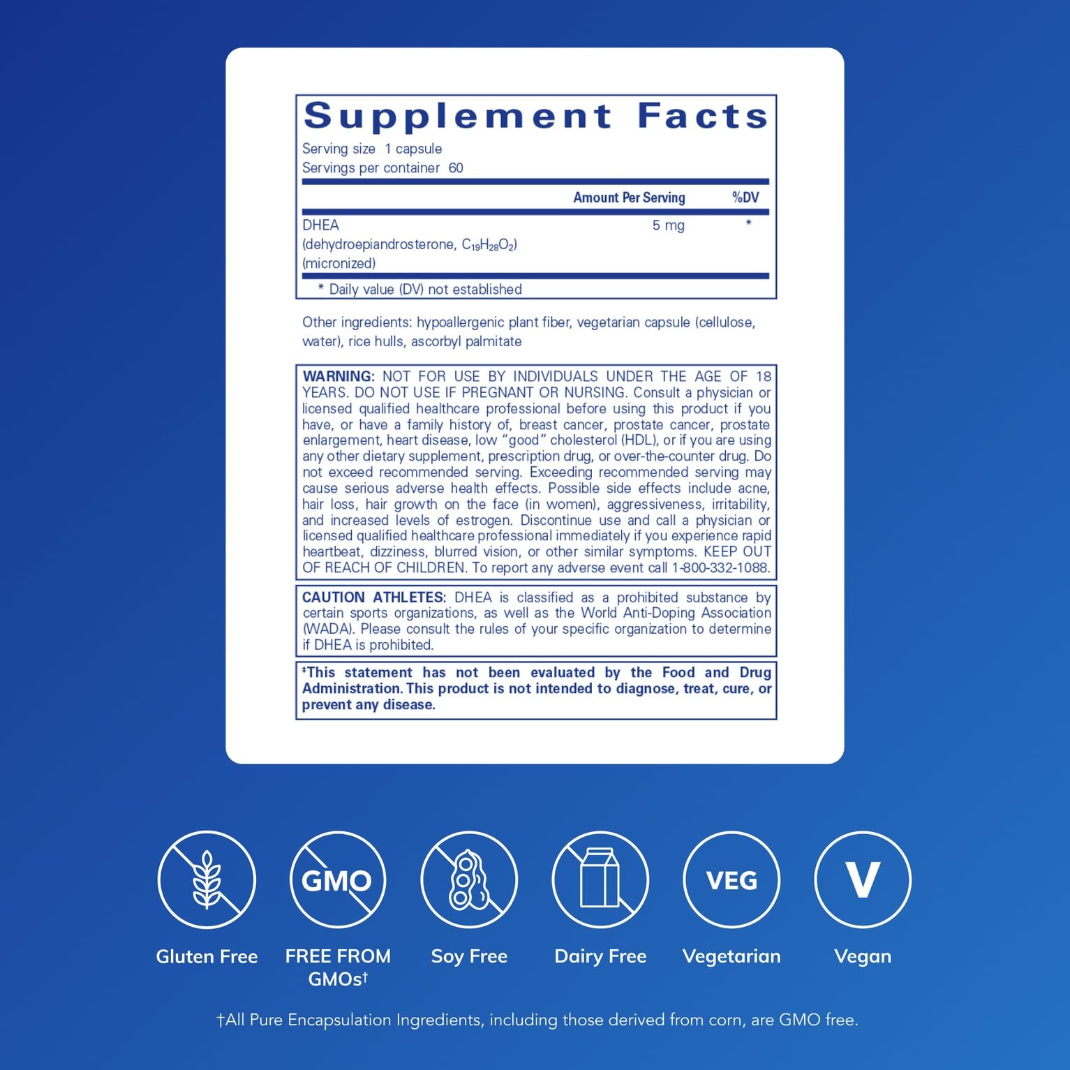 Pure Encapsulations DHEA 5 mg capsules—micronized for improved absorption and daily support.