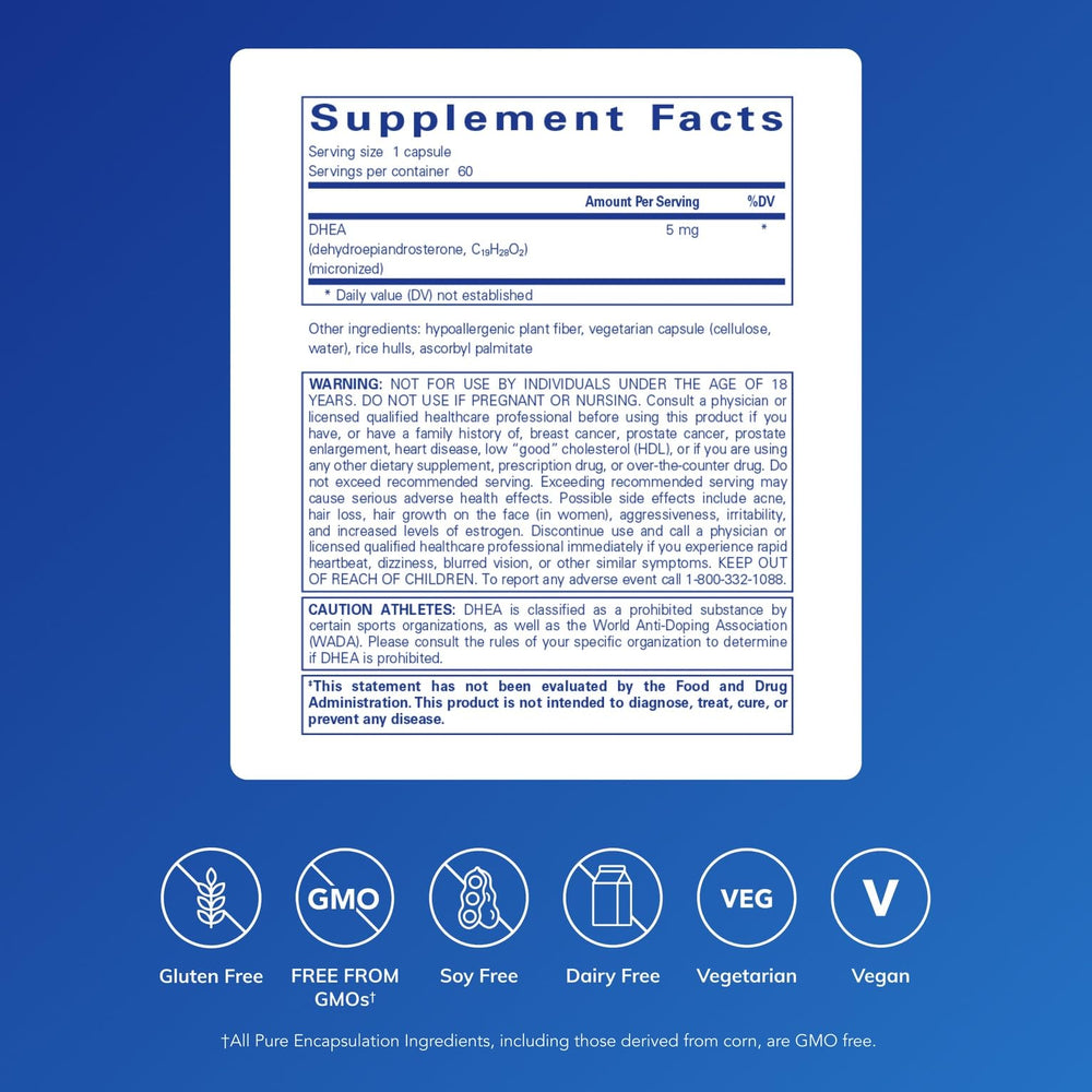 Pure Encapsulations DHEA 5 mg capsules—micronized for improved absorption and daily support.