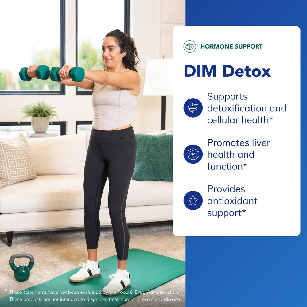 Pure Encapsulations DIM Detox bottle on countertop for daily routine.