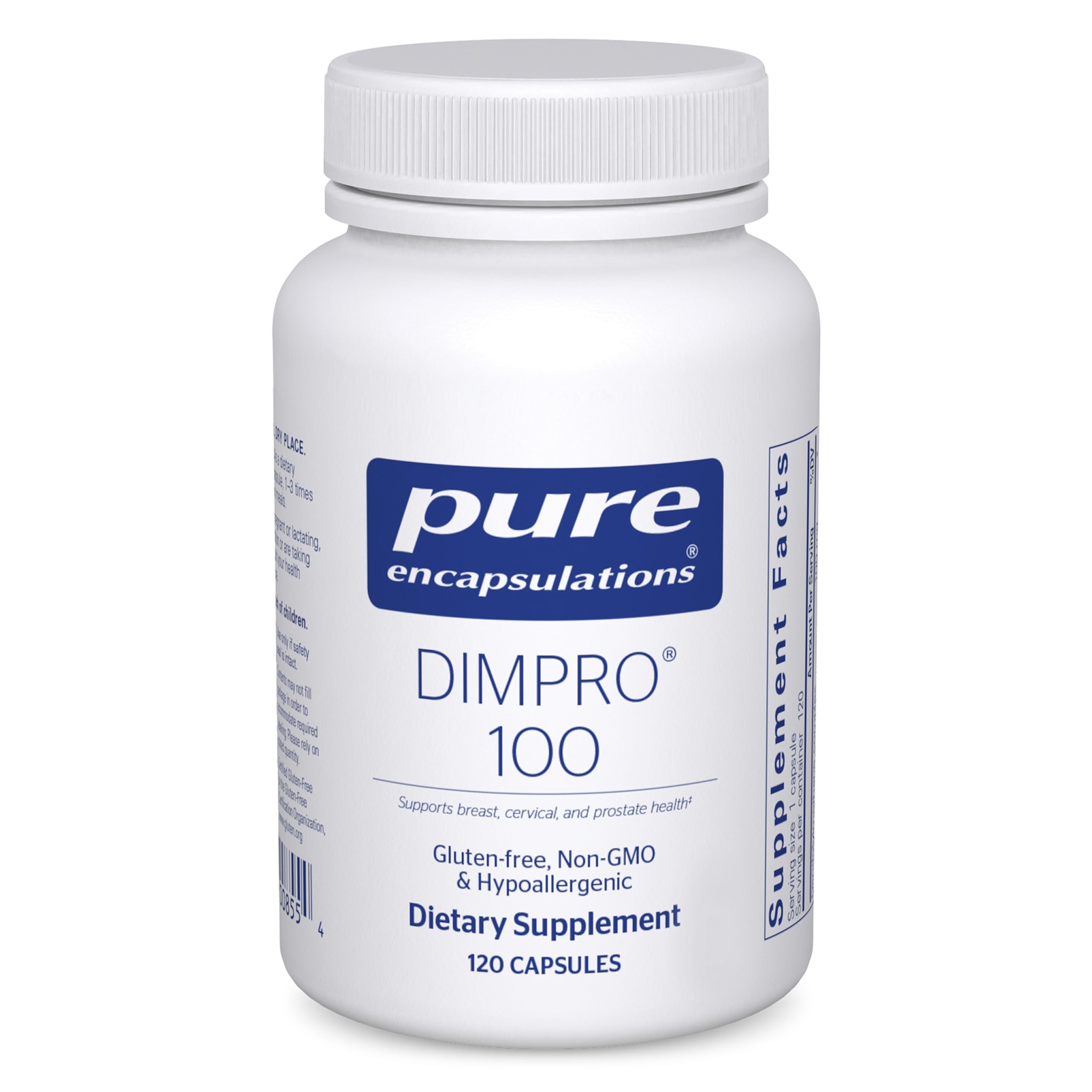 Pure Encapsulations DIMPRO 100 bottle highlighting vegan formula for daily wellness