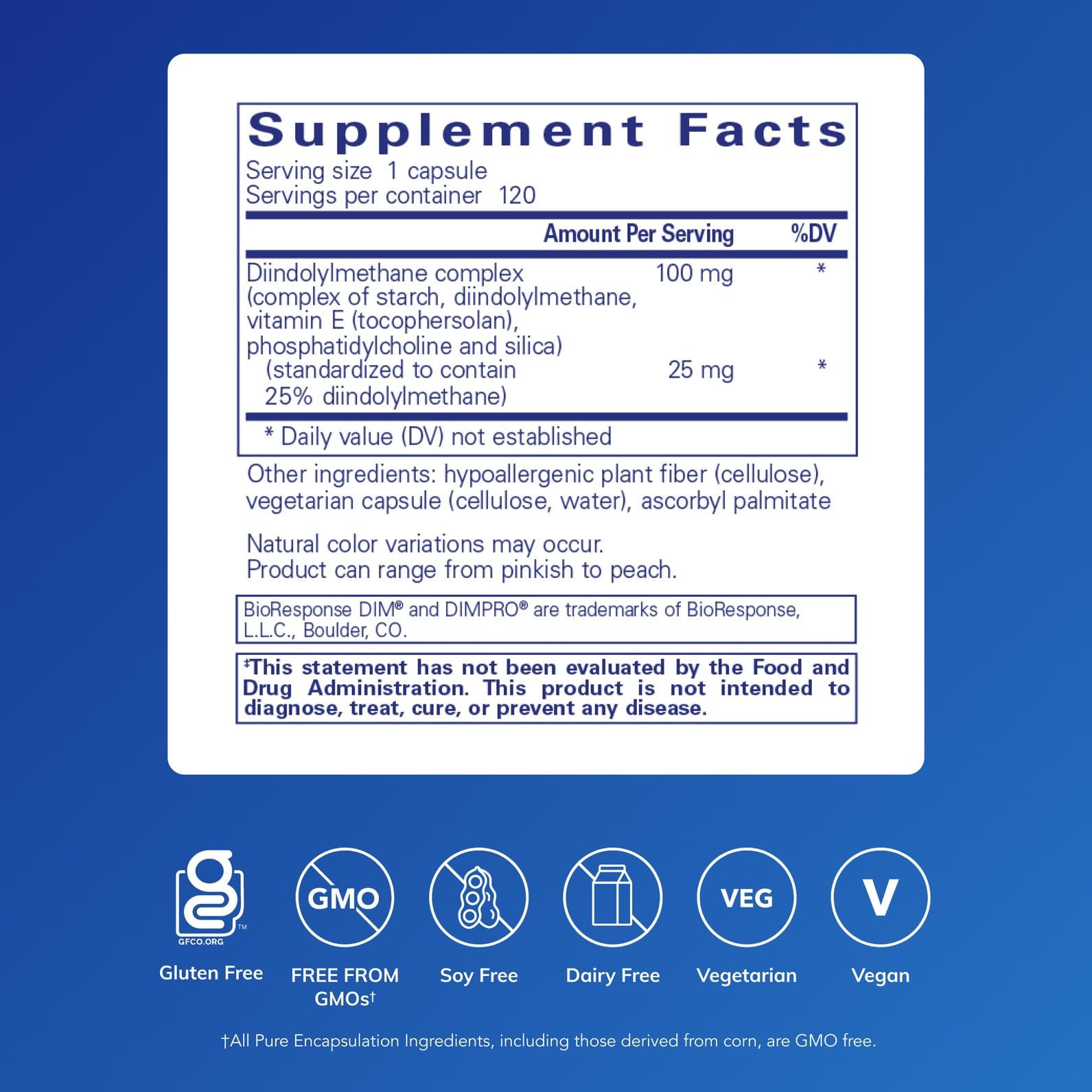 DIMPRO 100 capsules showing plant based diindolylmethane supplement