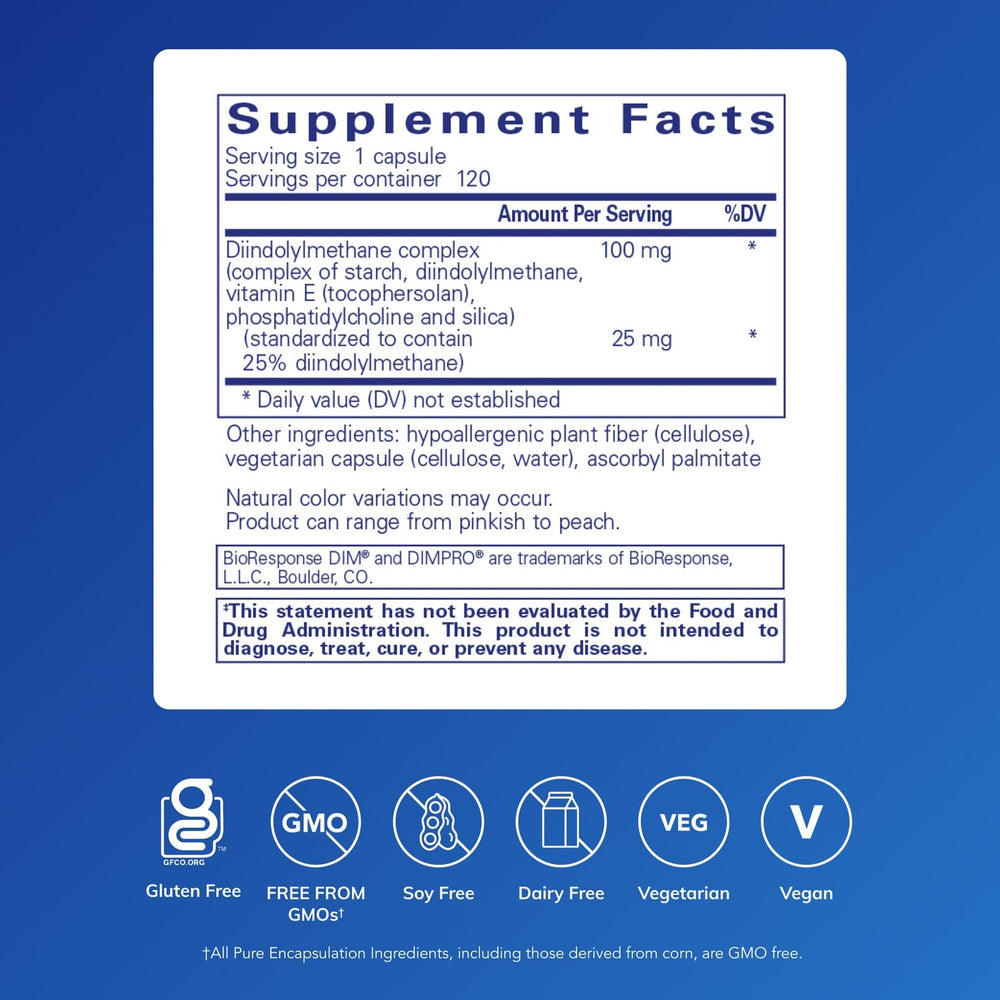 DIMPRO 100 capsules showing plant based diindolylmethane supplement