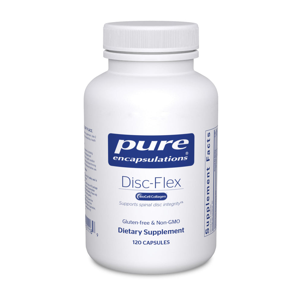 Pure Encapsulations Disc-Flex bottle cap close-up, featuring vegetarian capsules for spinal support.