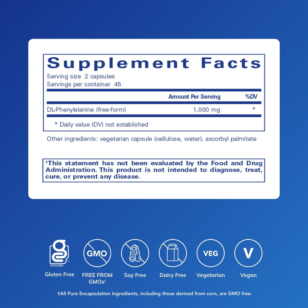 Pure Encapsulations DL-Phenylalanine capsules ready to take with a daily supplement routine.