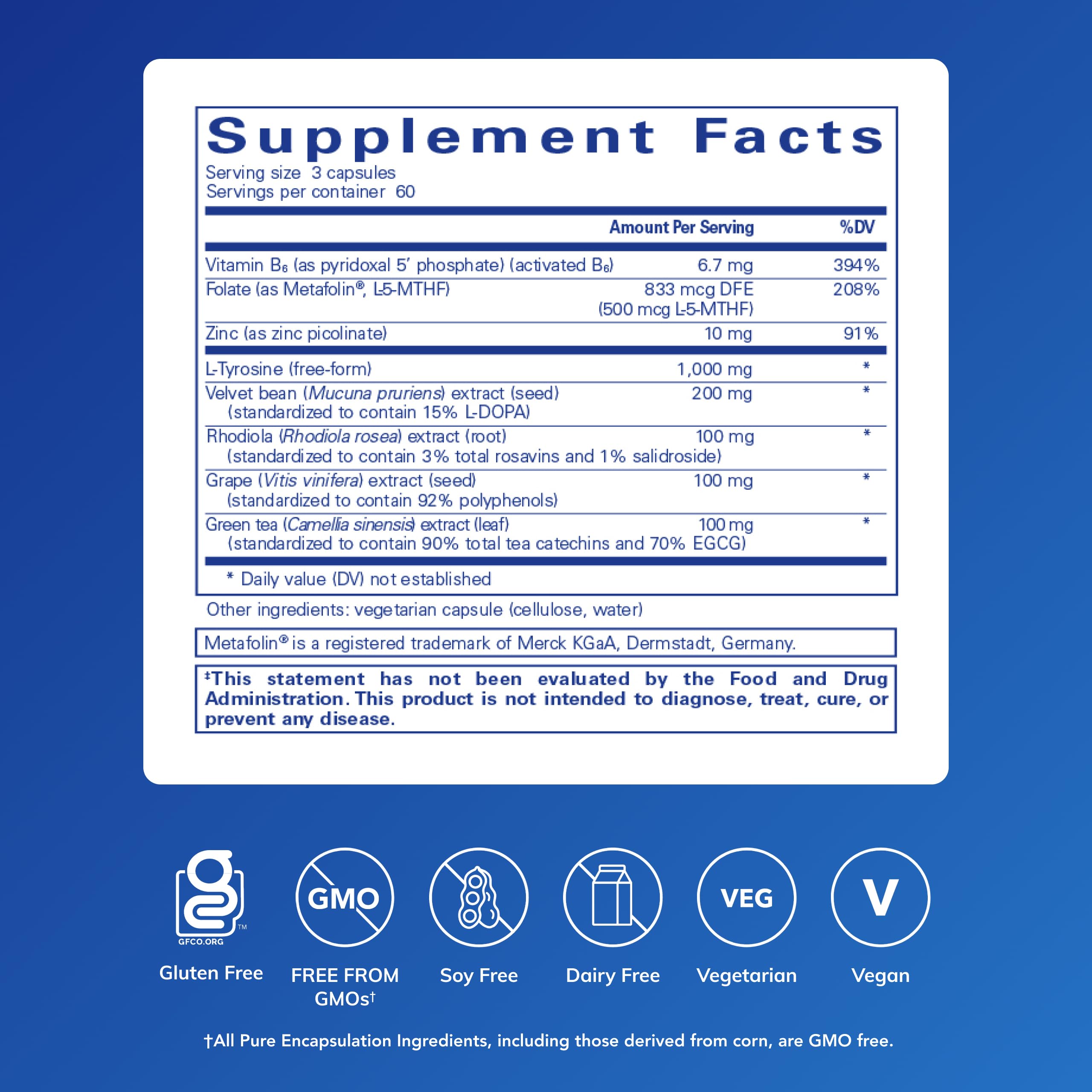 Pure Encapsulations DopaPlus capsules close-up highlighting vegan, non-GMO formula.