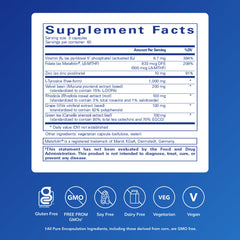 Pure Encapsulations DopaPlus capsules close-up highlighting vegan, non-GMO formula.