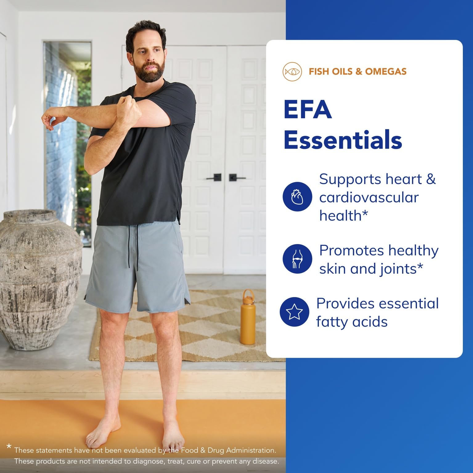 EFA Essentials label shows triglyceride-form fish oil and GLA blend for daily omega-3 intake