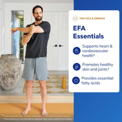 EFA Essentials label shows triglyceride-form fish oil and GLA blend for daily omega-3 intake