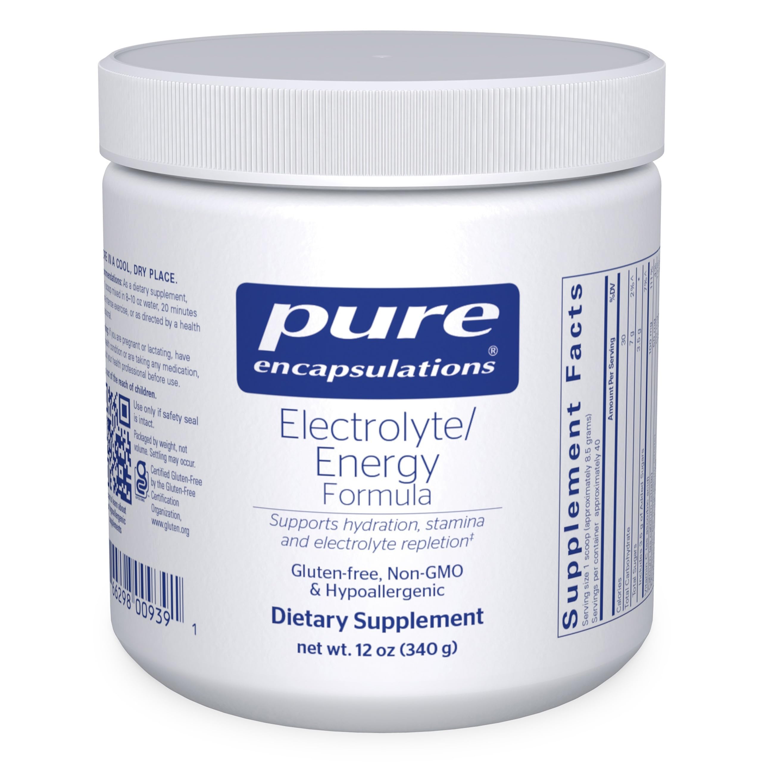 Pure Encapsulations Electrolyte Energy Formula bottle front, ideal for workout hydration