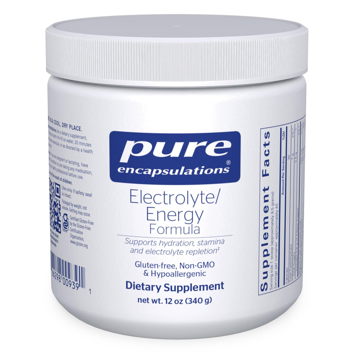Pure Encapsulations Electrolyte Energy Formula bottle front, ideal for workout hydration