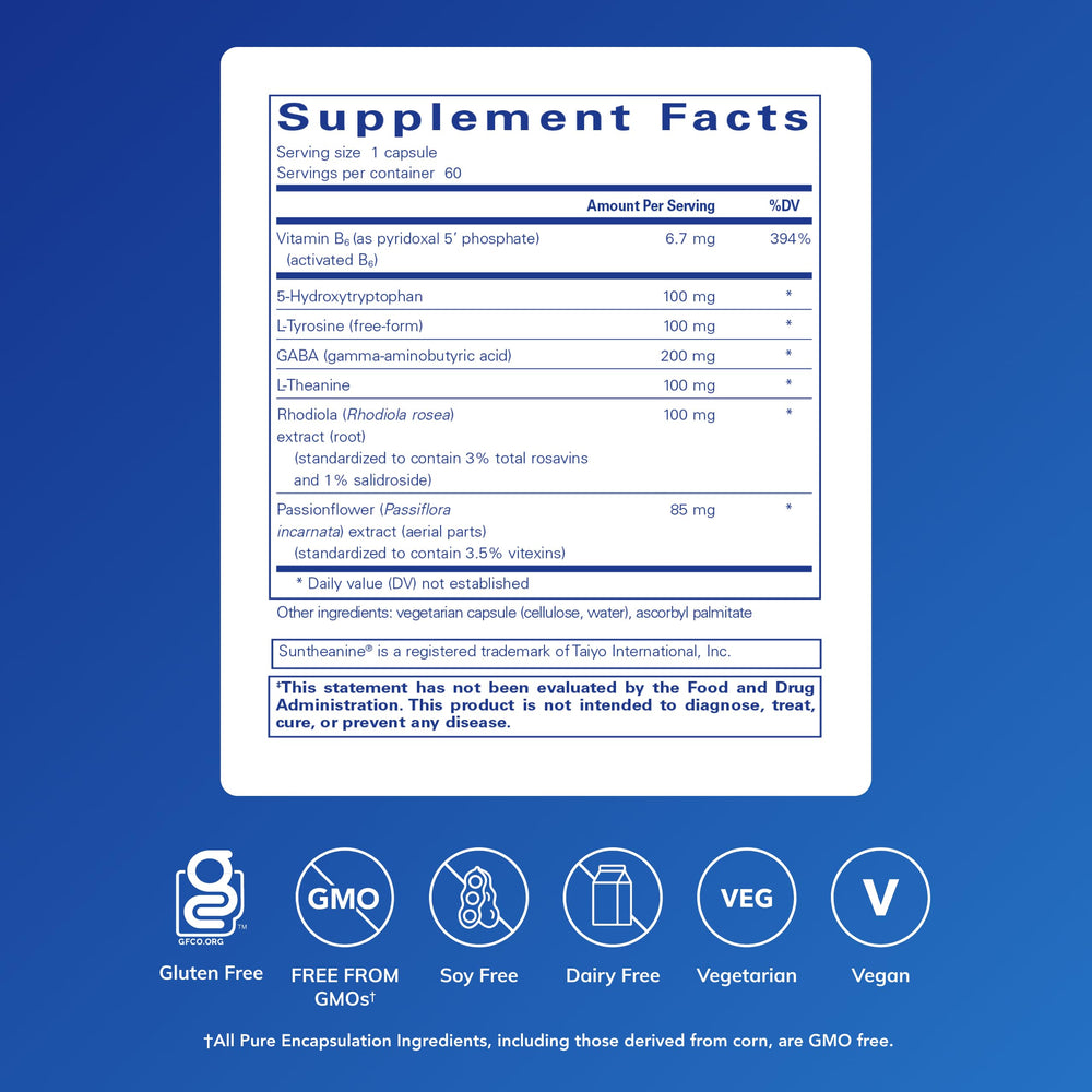 Closeup of Pure Encapsulations Emotional Wellness capsules illustrating daily stress support