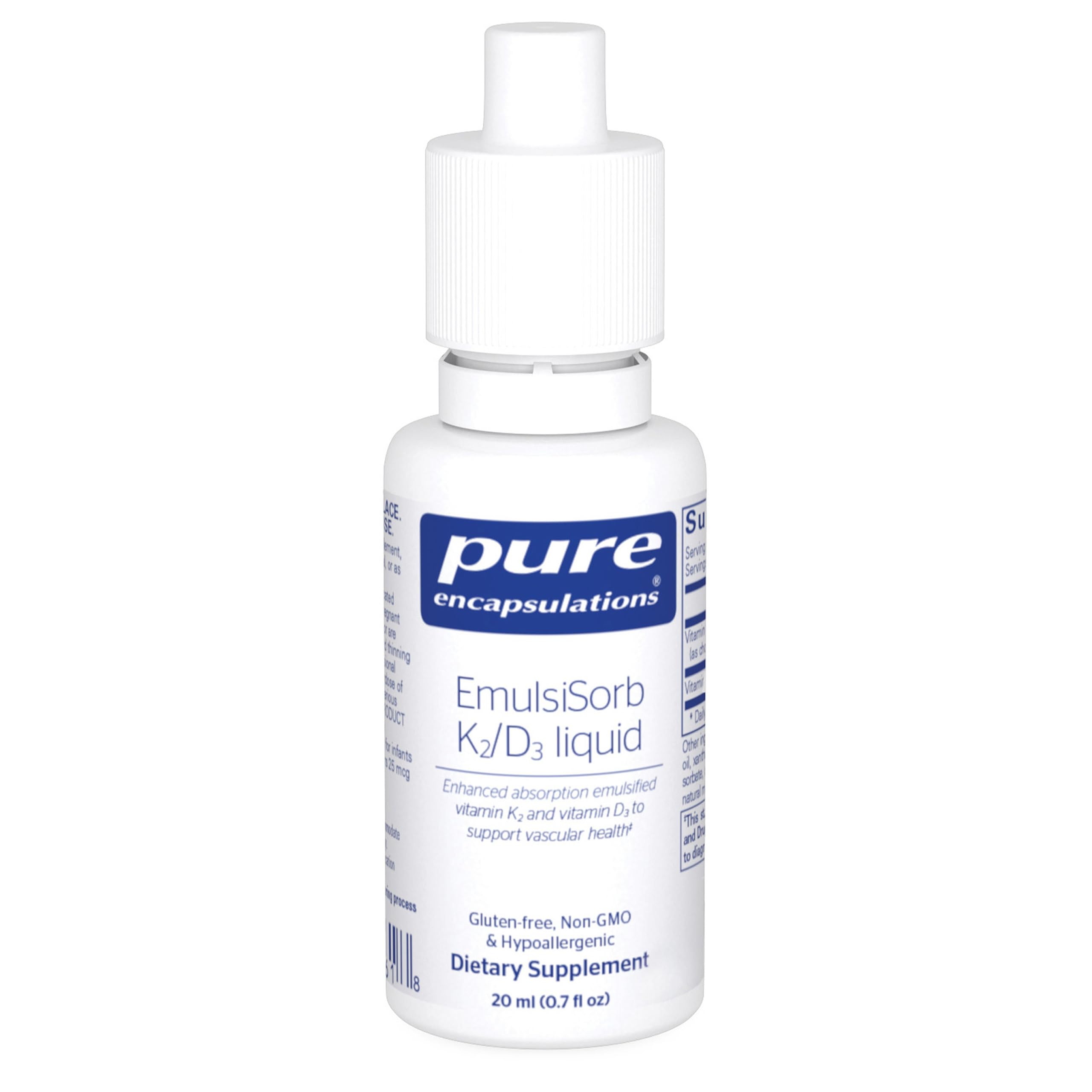 Pure Encapsulations EmulsiSorb K2/D3 liquid bottle shown, supporting vascular health via quick-absorption.