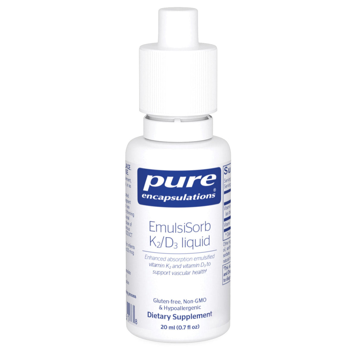 Pure Encapsulations EmulsiSorb K2/D3 liquid bottle shown, supporting vascular health via quick-absorption.