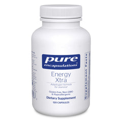 Pure Encapsulations Energy Xtra bottle closeup showing daily adaptogen blend for energy.