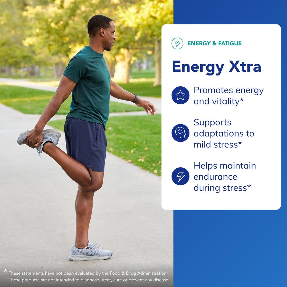 Energy Xtra label design on bottle emphasizing clean ingredients and allergen safety.