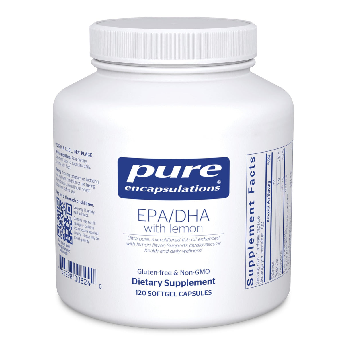 Pure Encapsulations EPA/DHA with Lemon bottle shows ultra-pure oil for potential cardiovascular support