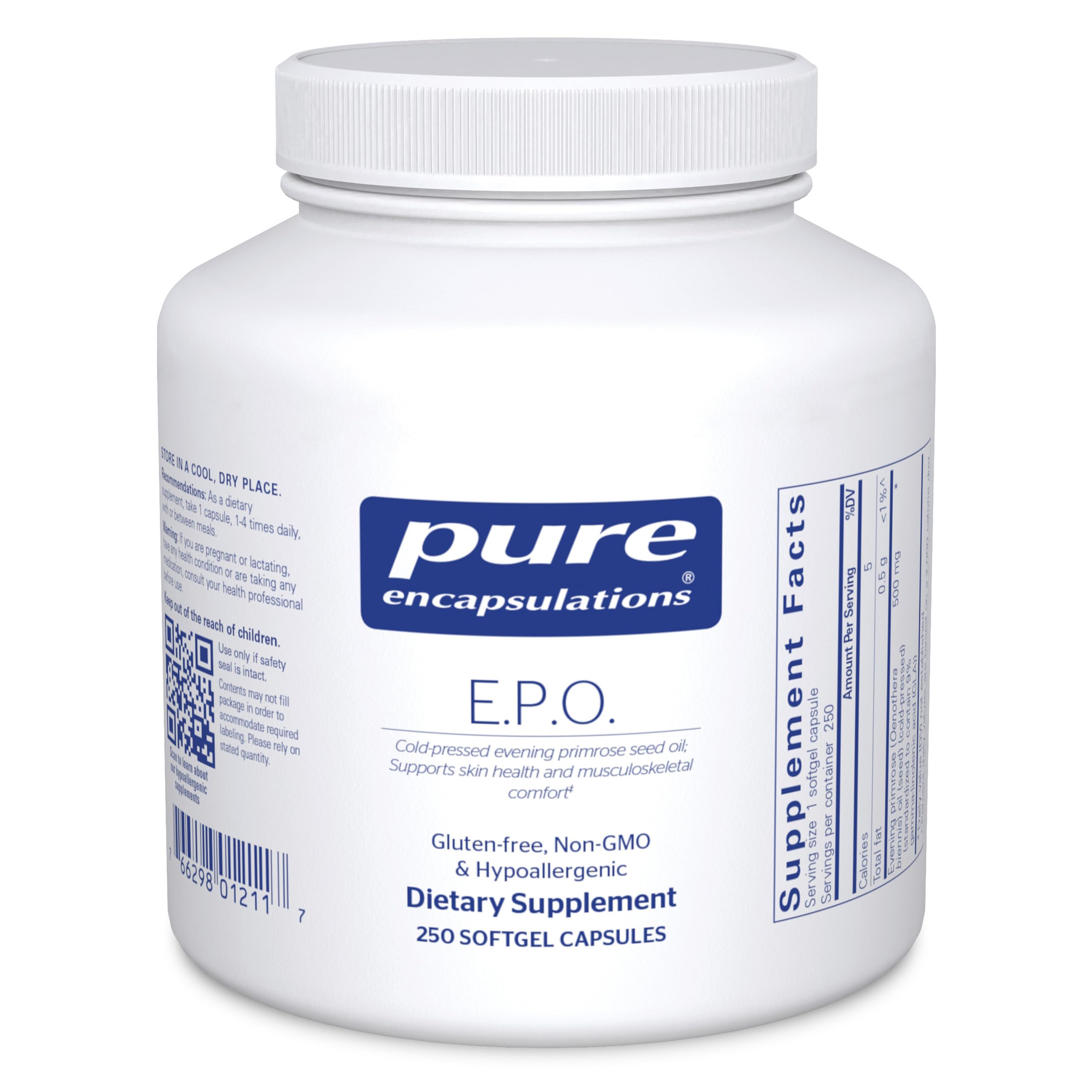 Pure Encapsulations E.P.O. softgel bottle on white surface for skin health support.