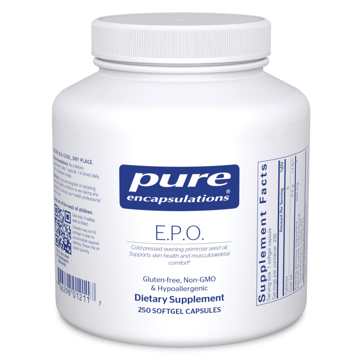 Pure Encapsulations E.P.O. softgel bottle on white surface for skin health support.