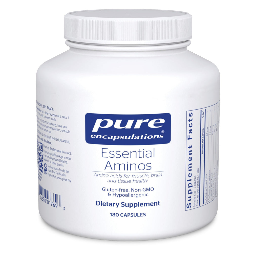 Pure Encapsulations Essential Amino Acids bottle with capsules showing muscle support potential.