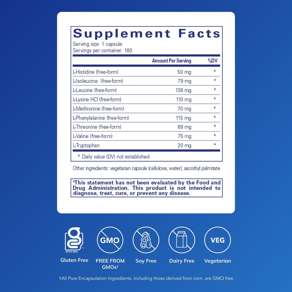 Pure Encapsulations Essential Amino Acids capsules closeup, hinting brain health and neurotransmitter support.