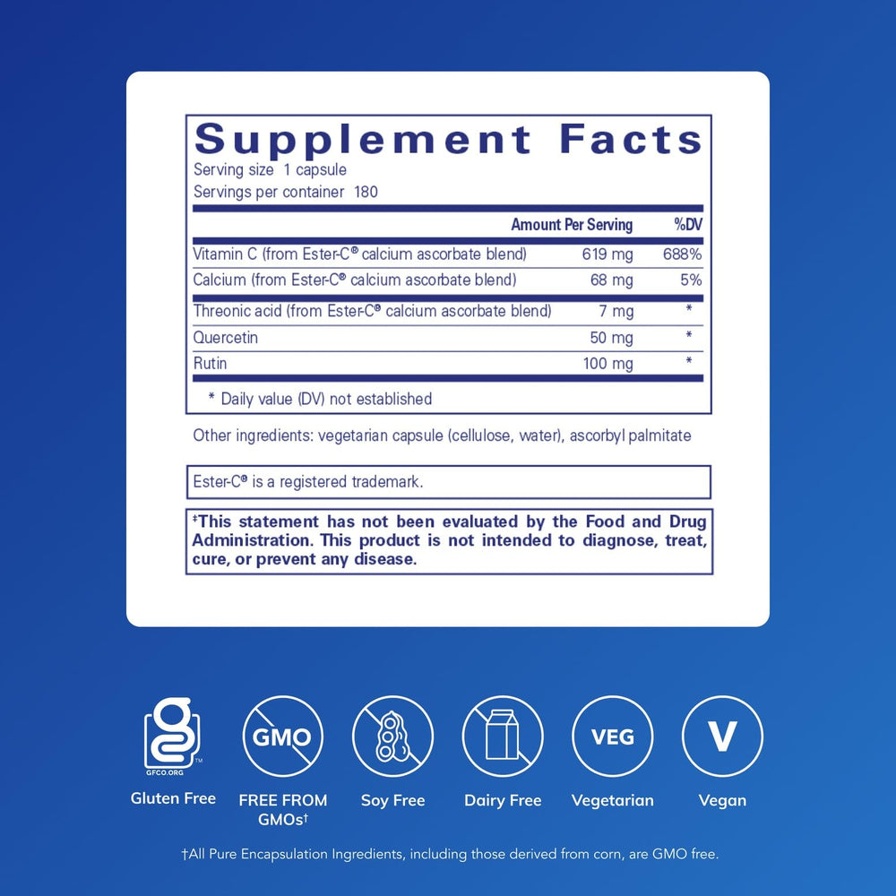 Pure Encapsulations Ester-C capsules closeup highlighting gentle digestion compatibility