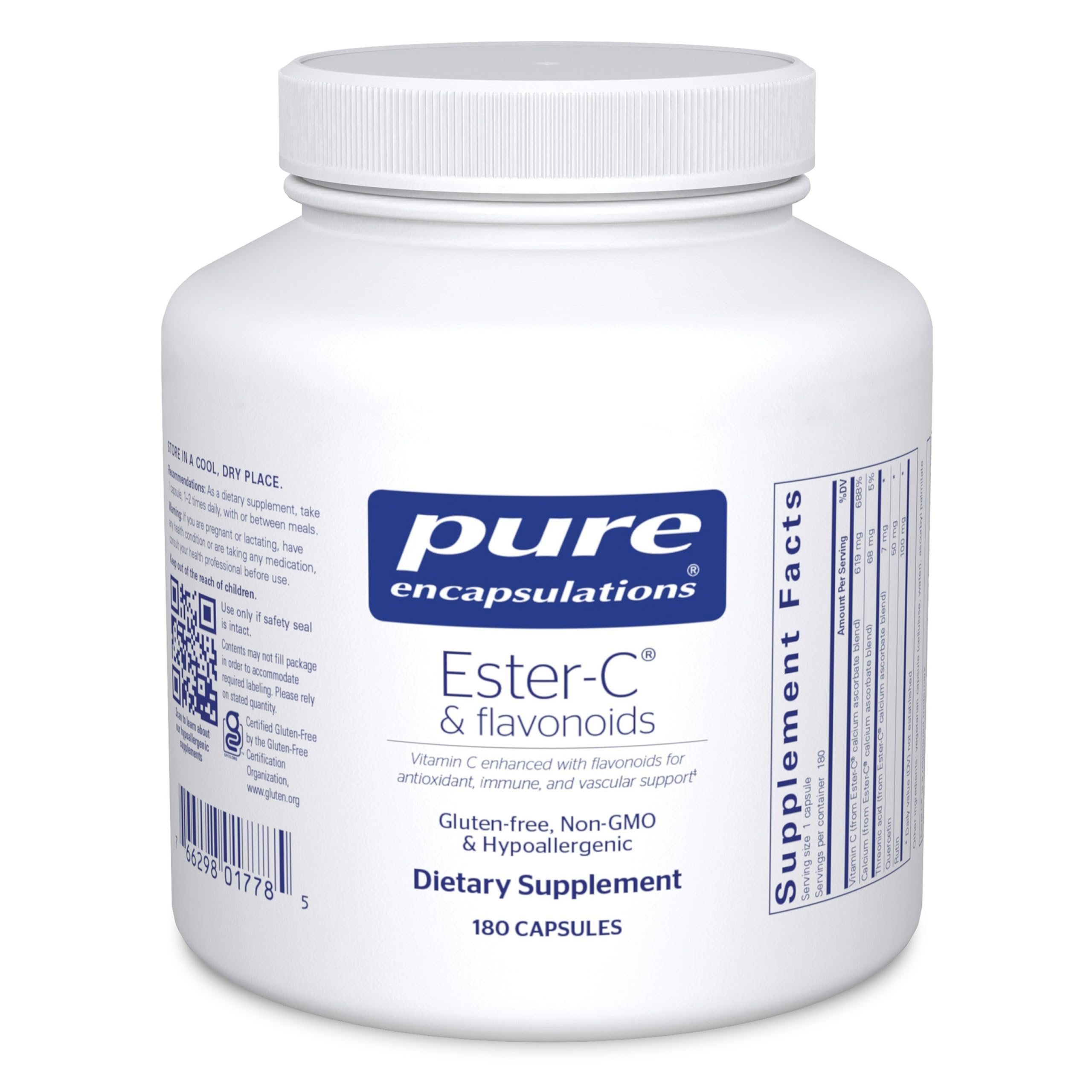Pure Encapsulations Ester-C & Flavonoids bottle with label emphasizing immune support and vegan, non-GMO