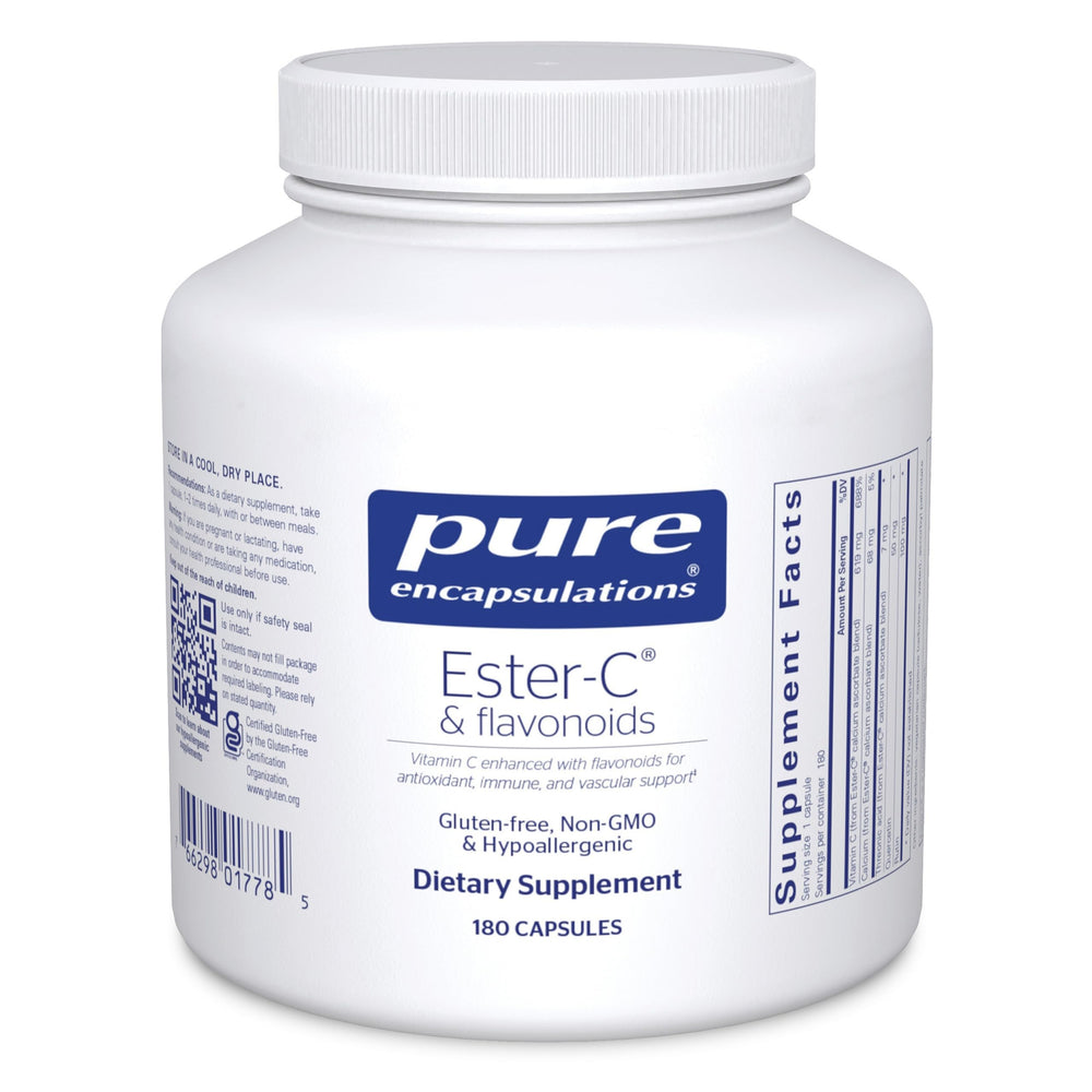 Pure Encapsulations Ester-C & Flavonoids bottle with label emphasizing immune support and vegan, non-GMO