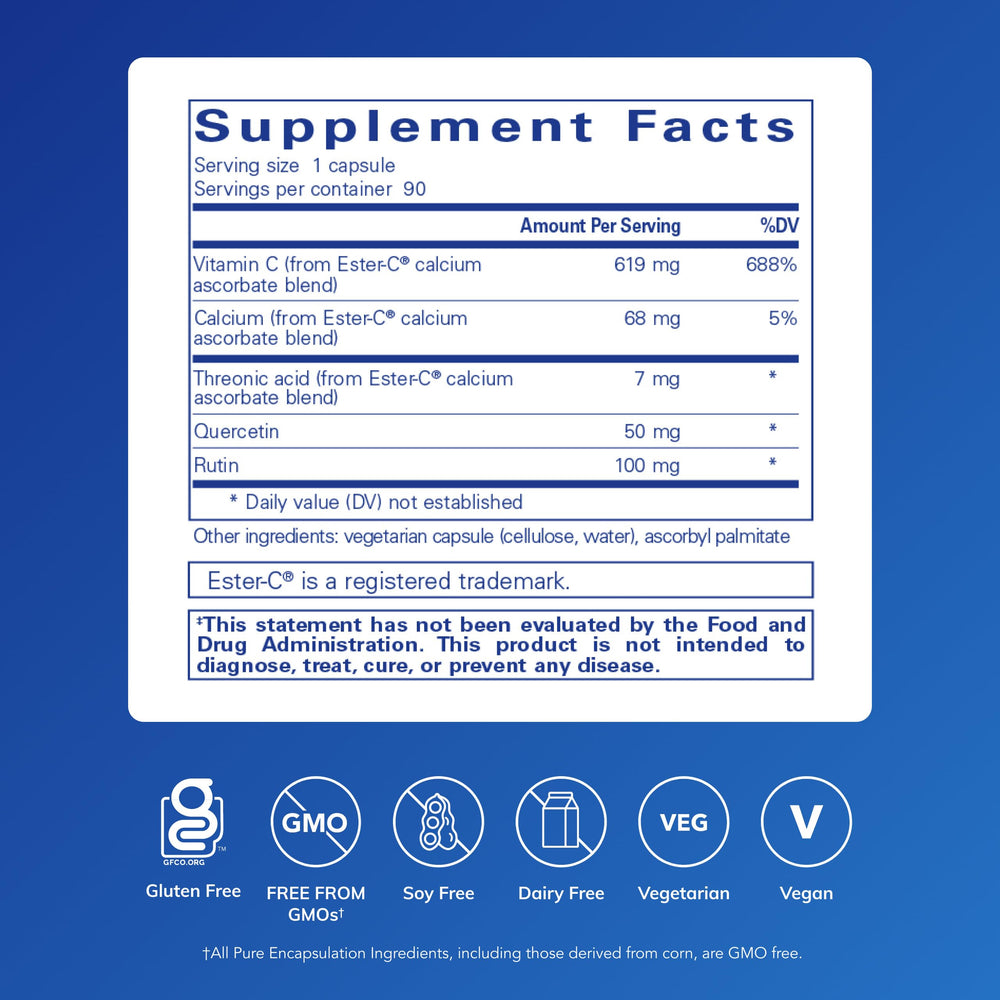 Pure Encapsulations Ester-C & Flavonoids capsules ready for convenient daily use.