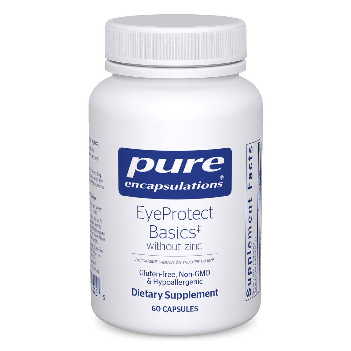 Pure Encapsulations EyeProtect Basics bottle highlights zinc-free antioxidant formula for eye health.