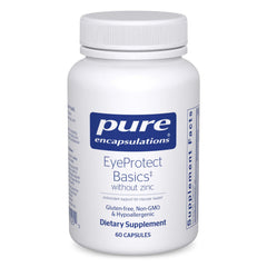 Pure Encapsulations EyeProtect Basics bottle highlights zinc-free antioxidant formula for eye health.