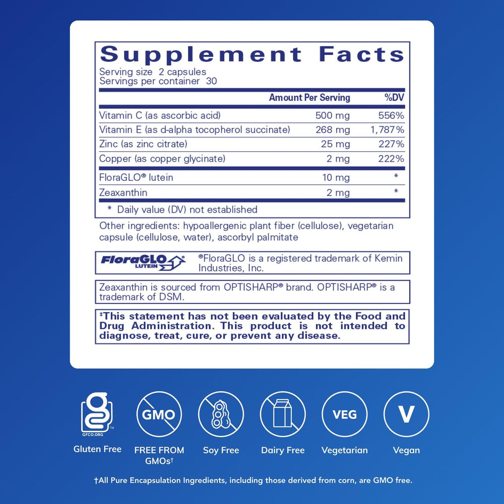 Close-up of EyeProtect Basics capsules highlighting antioxidant benefits.