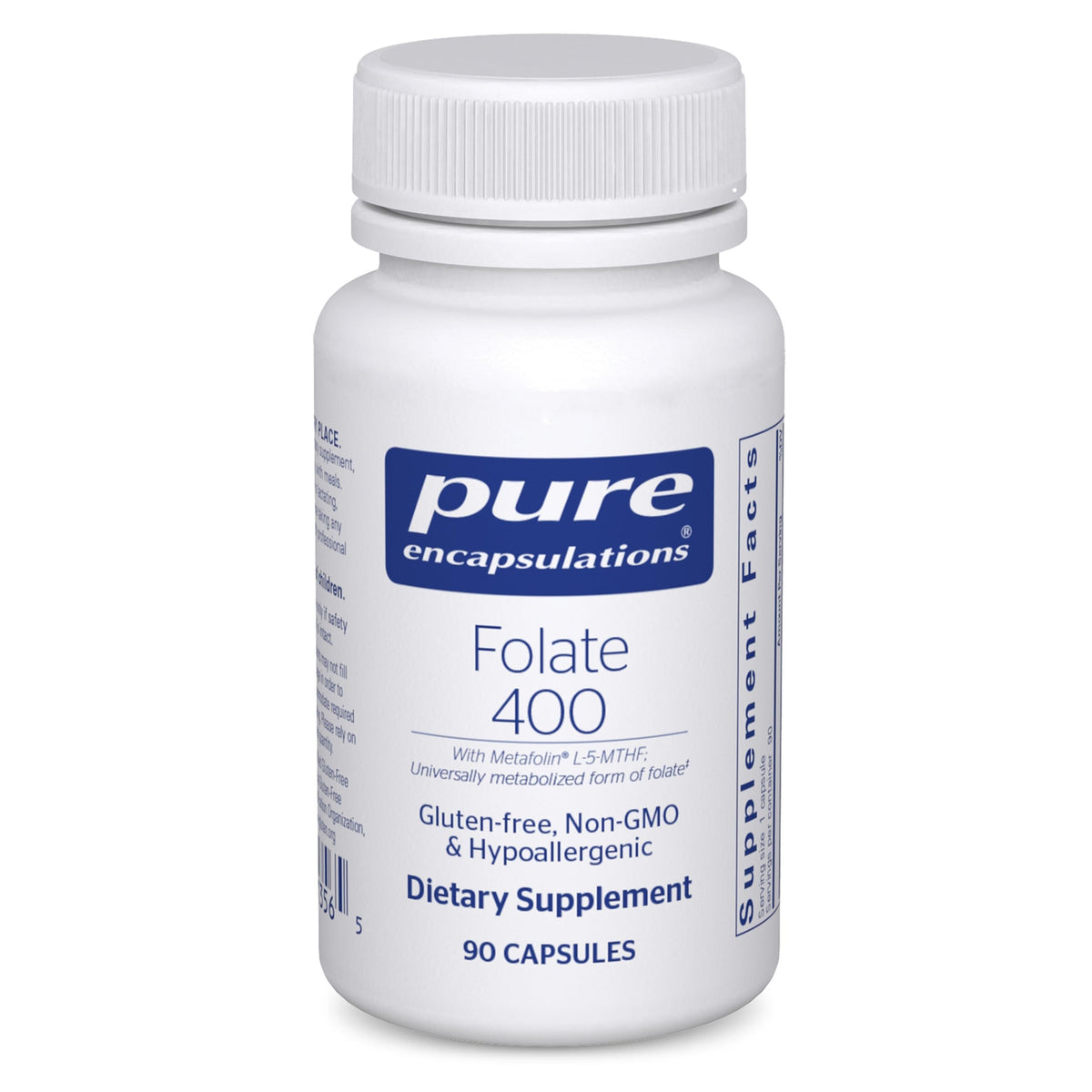 Pure Encapsulations Folate 400 Metafolin bottle label for daily wellness support