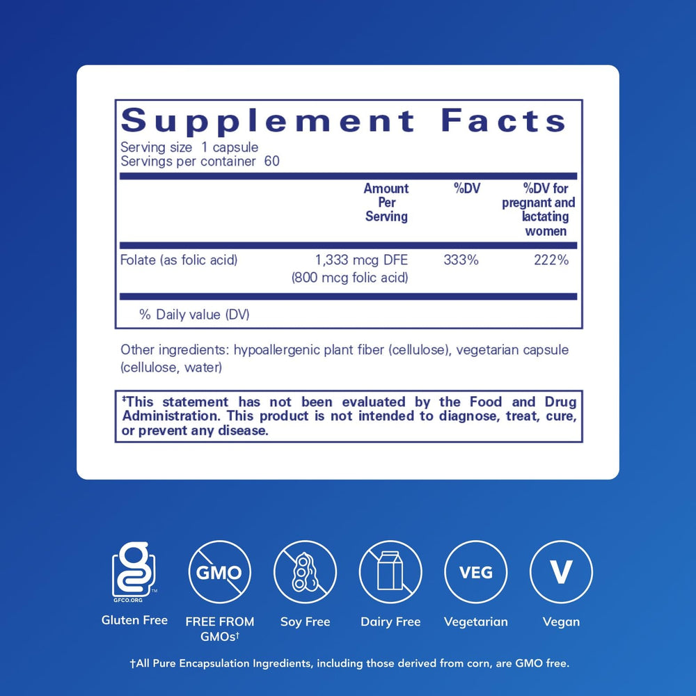 Pure Encapsulations Folic Acid label close-up highlighting allergen-free formulation