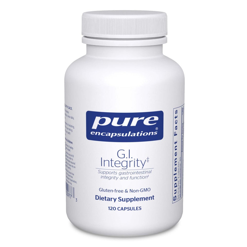 Pure Encapsulations G.I. Integrity bottle shown for GI health support and daily wellness.
