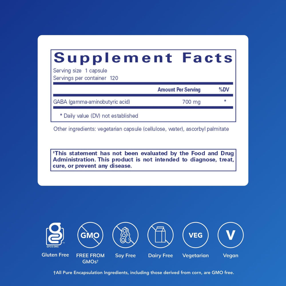 Pure Encapsulations GABA capsules closeup highlighting compact daily dose.