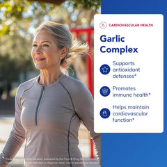 Pure Encapsulations Garlic Complex ingredients graphic highlighting antioxidant-supporting garlic extracts.