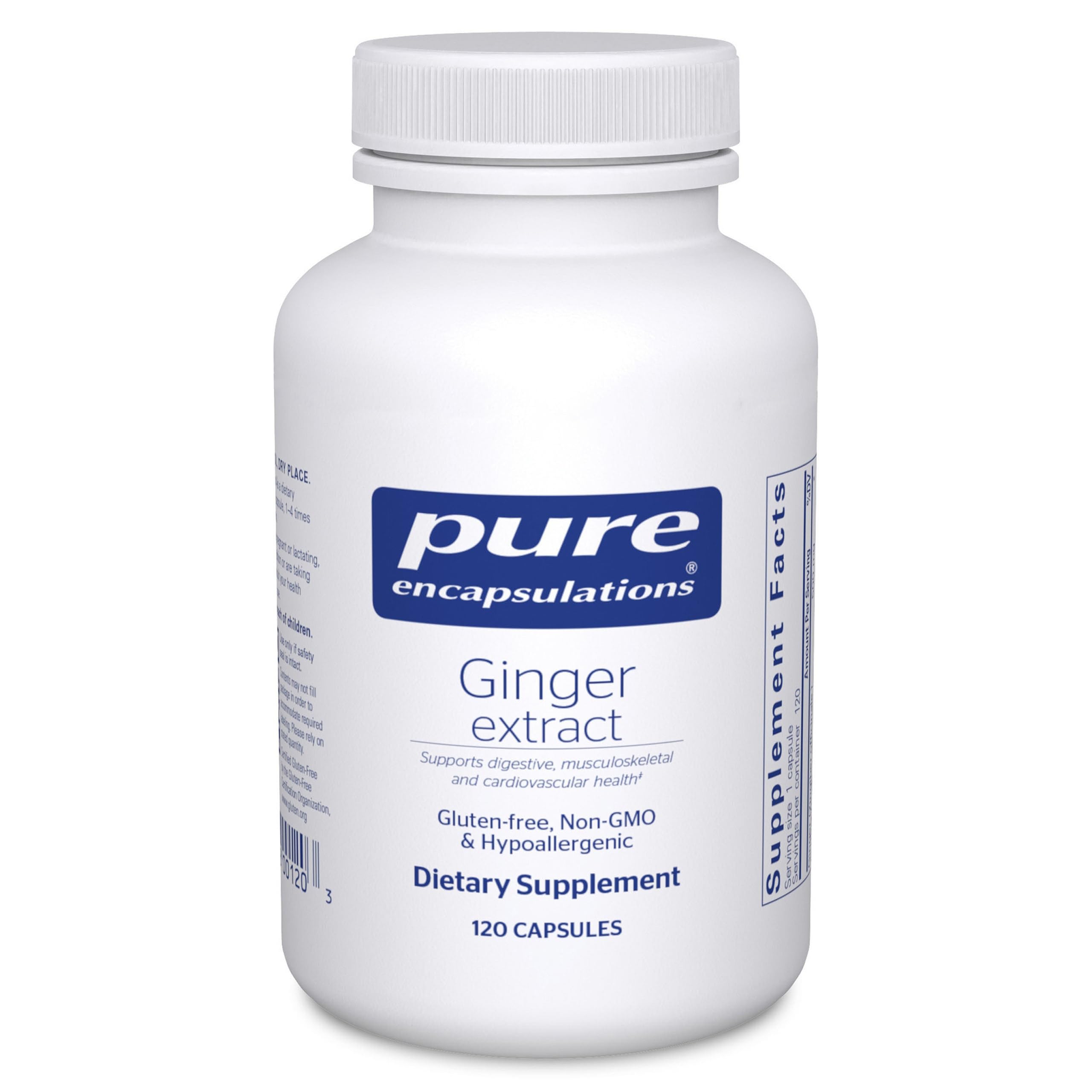 Pure Encapsulations Ginger Extract bottle with capsules for digestive support.