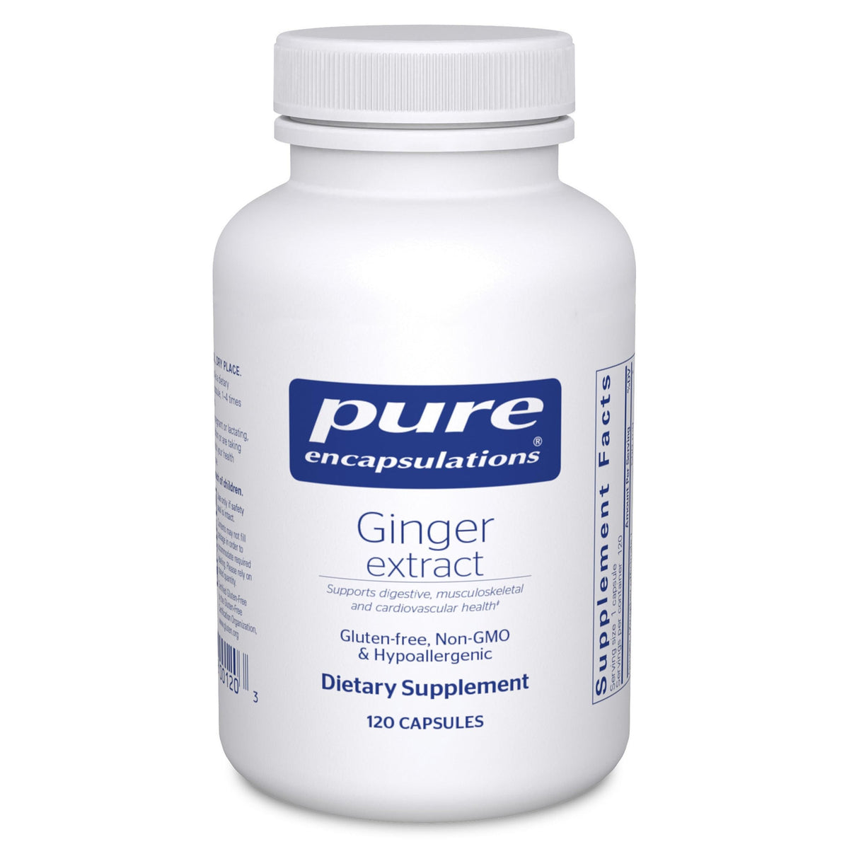 Pure Encapsulations Ginger Extract bottle with capsules for digestive support.